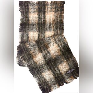 Foxford Wool Mohair Scarf Made in Ireland Grey/Black/Ivory/Tan Plaid 59”x9”